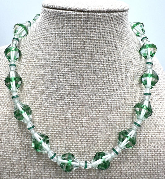 Vintage Necklace Czech Green Clear Glass/Crystal Bicone Bead 10kt Gold Clasp