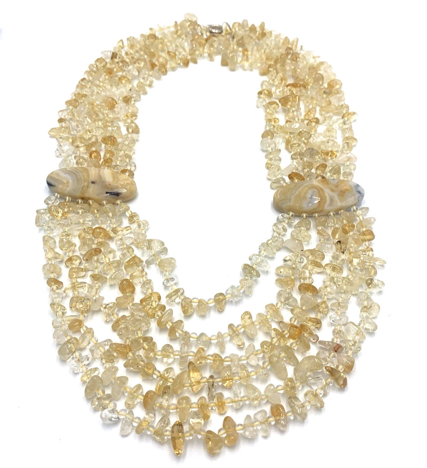 Multi Six Strand Citrine Large Agate Stone Sterling Silver Clasp Necklace 20.5"