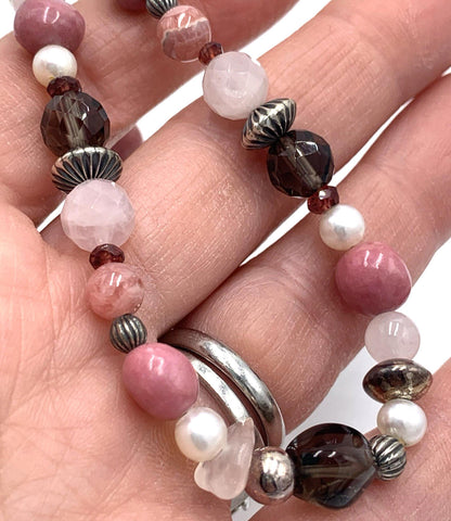 Carolyn Pollack Vintage Smoky Quartz Pink Rhodonite Sterling Bead Necklace