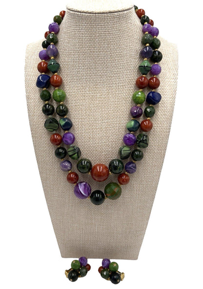 Set Hattie Carnegie Necklace Earrings Vintage Two Strand Faux Malachite Amethyst