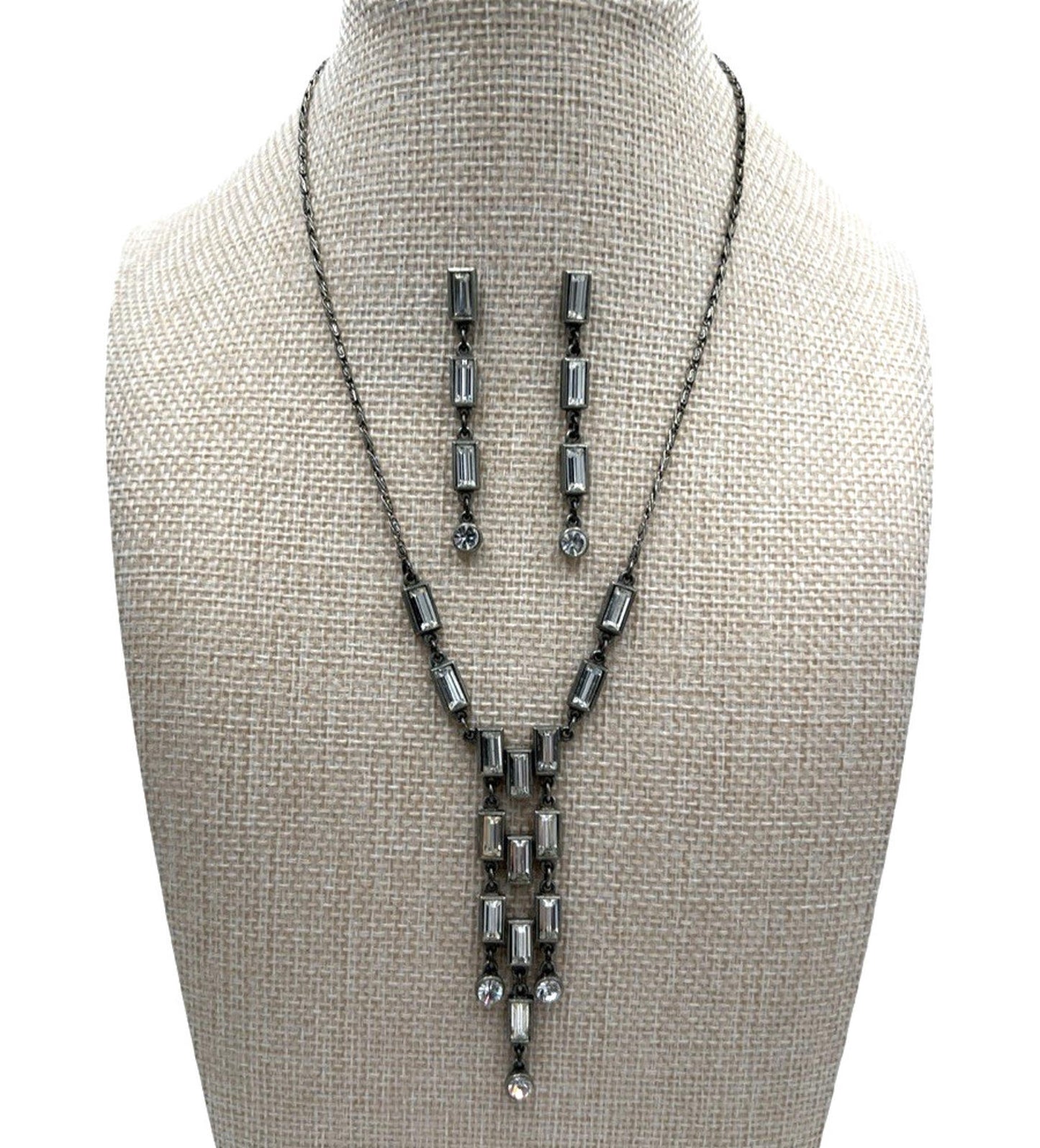 Ben Amun Set Art Deco Style Dangle Earrings & Necklace Rhinestone Silver Tone