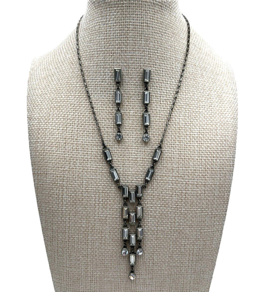 Ben Amun Set Art Deco Style Dangle Earrings & Necklace Rhinestone Silver Tone