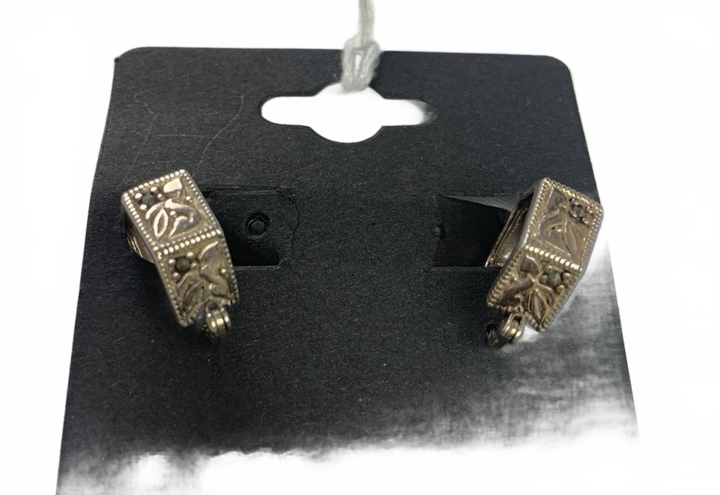 925 Thailand Sterling Silver Marcasite Hexagonal Carved Post/Clamp Earrings