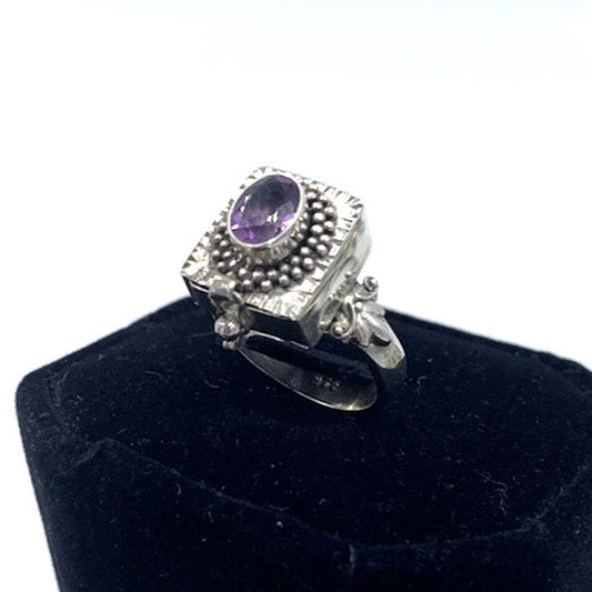 Vintage Art Deco Amethyst Poison Pill Pull Out Drawer Box Sterling Silver Ring