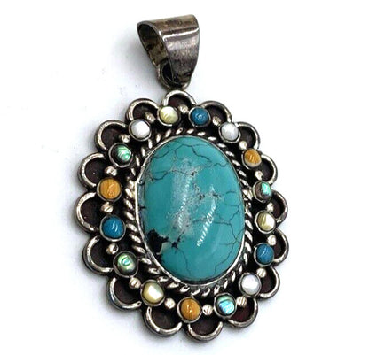 Vintage David R Freeland DRF Large Turquoise Pendant Multi stone Signed Rare