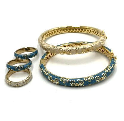 NWOT Lauren G Adams Bangle Bracelet Ring Lot  Cream Blue Enamel Moroccan Style