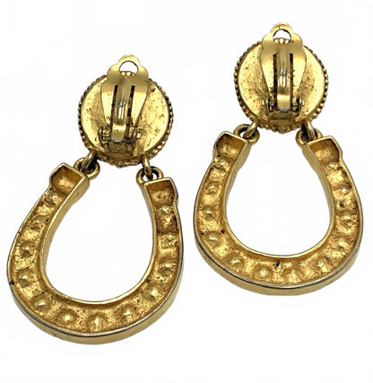 Vintage Karl Lagerfeld Gold Tone Faux Pearl Horseshoe Door Knockers Earrings