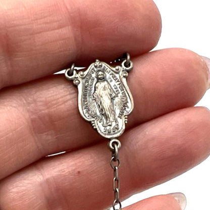 VINTAGE DIROMA Ball Bead Sterling Silver Rosary Crucifix Mary Medal Necklace