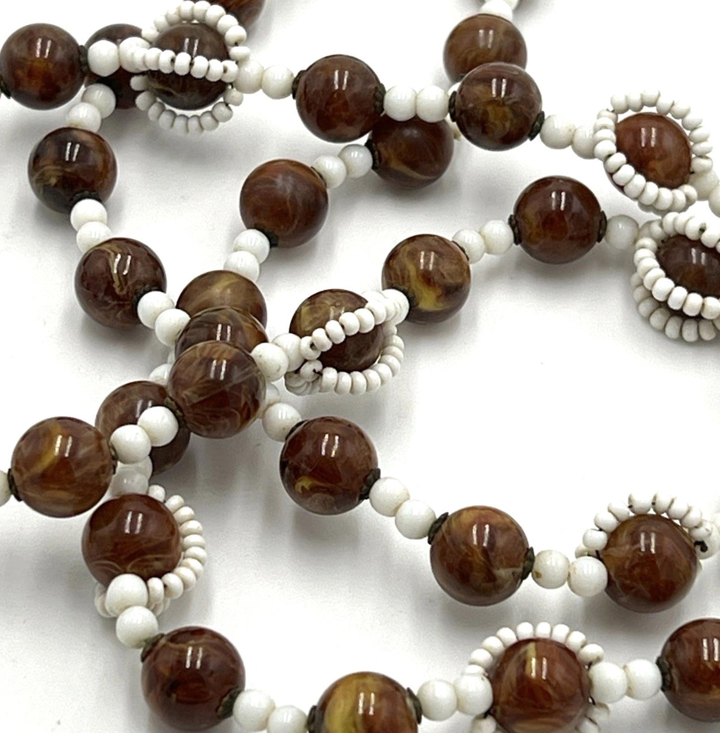 Vintage Miriam Haskell Bead Necklace Glass Brown And White Wrap Around BOX CLASP