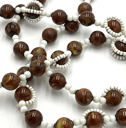 Vintage Miriam Haskell Bead Necklace Glass Brown And White Wrap Around BOX CLASP