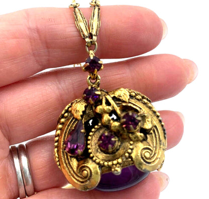 Vintage Victorian Revival Genuine Large Amethyst Cabochon Gold Tone Necklace 25"