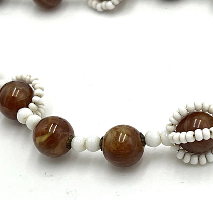 Vintage Miriam Haskell Bead Necklace Glass Brown And White Wrap Around BOX CLASP