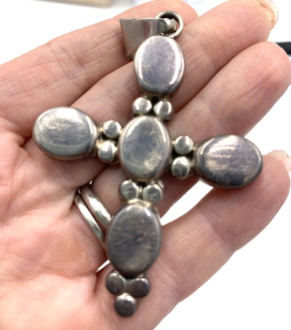 Vintage Taxco Mexico Large Cross Pendant Solid Sterling Silver Southwestern