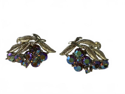 Coro Goldtone White Aurora Borealis Rhinestone Grape Cluster Clip-On Earrings