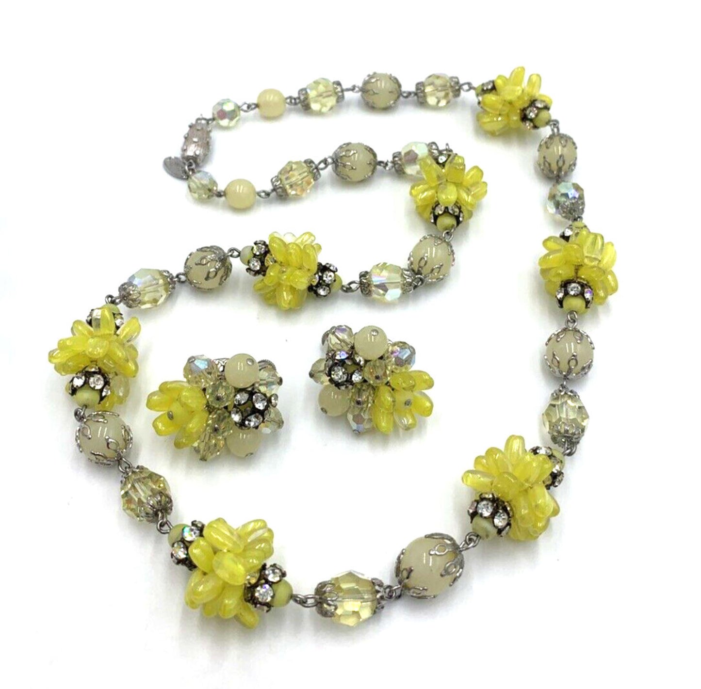 Vintage Vendome Set Yellow Glass Bead Cluster AB Necklace & Earrings Rare OOAK