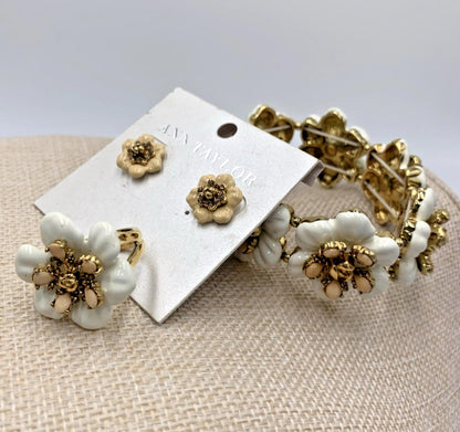 Ann Taylor Stretch Enamel Flower Bracelet Earrings Ring Set