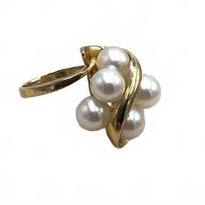 MCM Vintage Solid 14Kt Yellow Gold Genuine Akoya Pearl Large Cluster Ring Sz 5