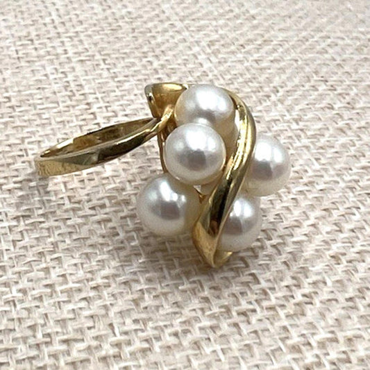 MCM Vintage Solid 14Kt Yellow Gold Genuine Akoya Pearl Large Cluster Ring Sz 5