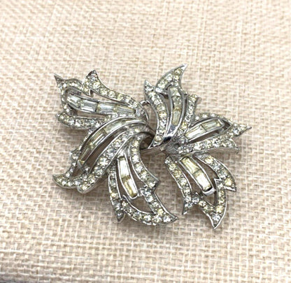Marcel Boucher Rhodium Plated Clear Rhinestone Leaf Brooch