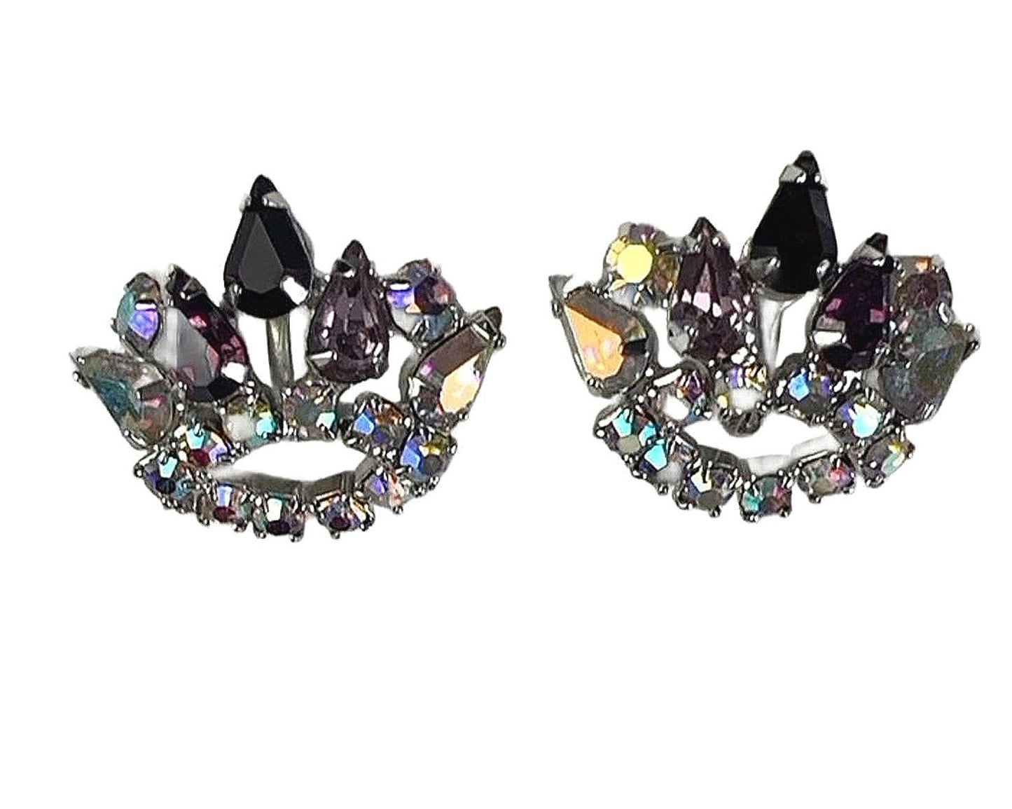 Silvertone Purple and Aurora Borealis Rhinestone Crown Screw-Down Earrings