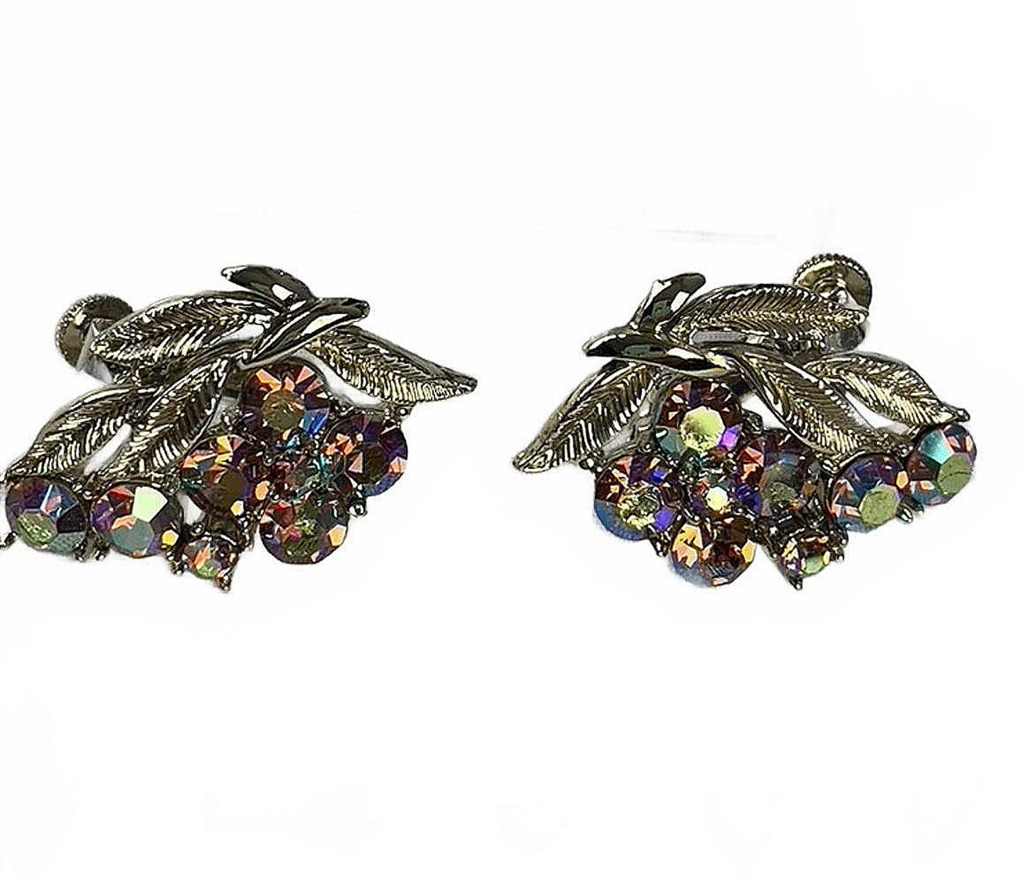 Coro Goldtone White Aurora Borealis Rhinestone Grape Cluster Clip-On Earrings