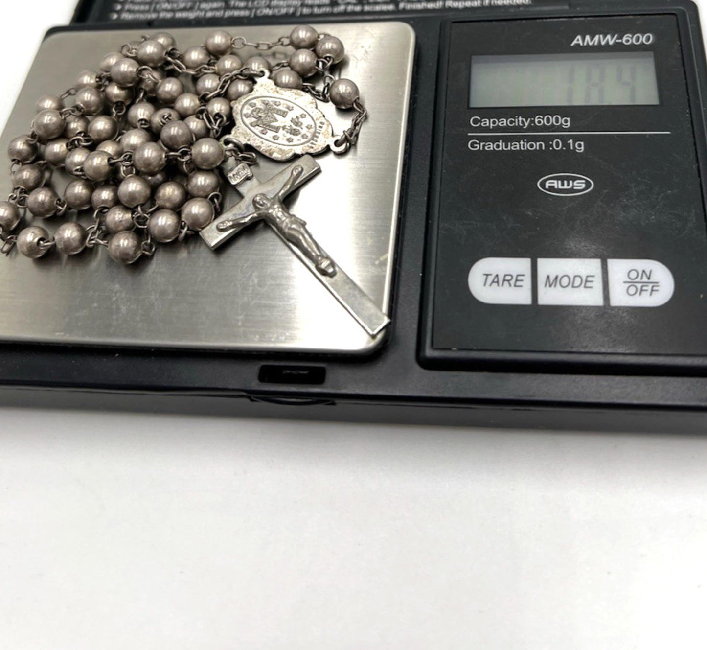 VINTAGE DIROMA Ball Bead Sterling Silver Rosary Crucifix Mary Medal Necklace