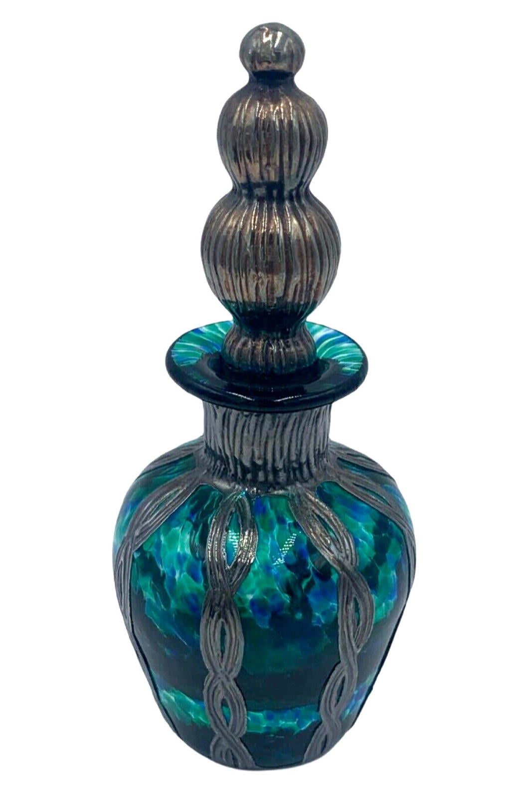 Sileda Wales Silver Overlaid Decorative Art Glass Emerald Green Perfume Bottle