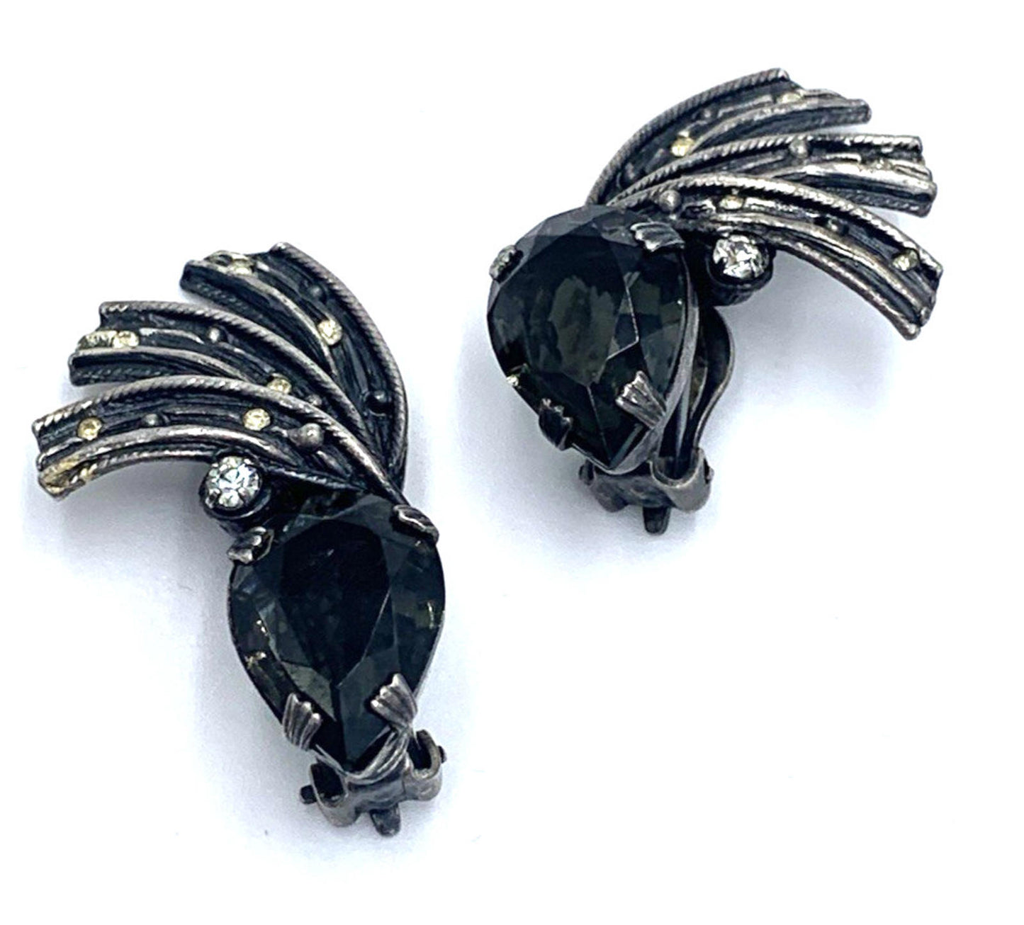 MCM Art Deco Rhinestone Teardrop Clip On Sterling Silver Earrings Patent Pending