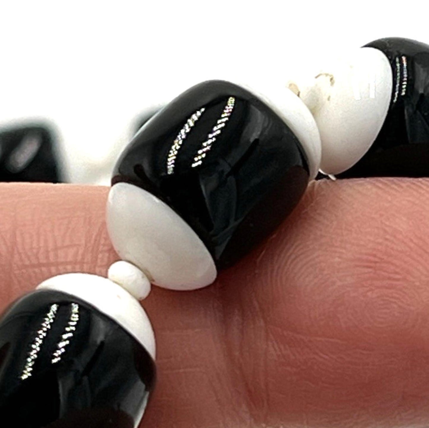 Vintage Miriam Haskell White Black Milk Glass Bead Necklace RARE 28"