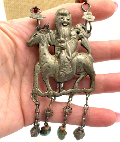 Antique Chinese Sterling Silver Qing Dynasty Pendant Old Man Riding Necklace