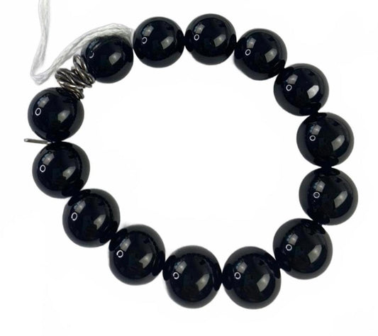 925 W (Whiting) China Sterling Silver Black Onyx 2cm Beaded Stretch Bracelet