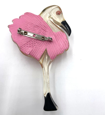 Vintage Flamingo Reverse Etched Pink Clear Black Large Brooch/Pin Lucite Bird