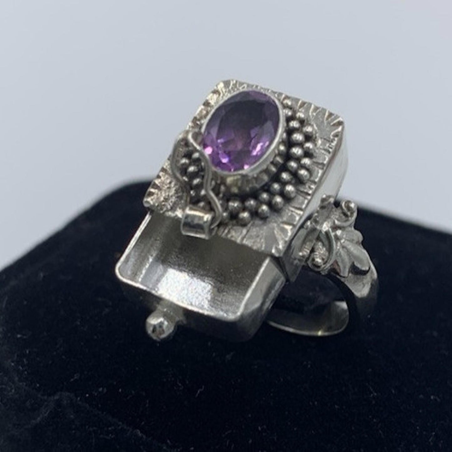 Vintage Art Deco Amethyst Poison Pill Pull Out Drawer Box Sterling Silver Ring