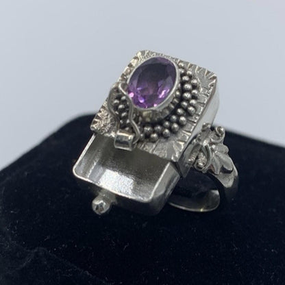 Vintage Art Deco Amethyst Poison Pill Pull Out Drawer Box Sterling Silver Ring