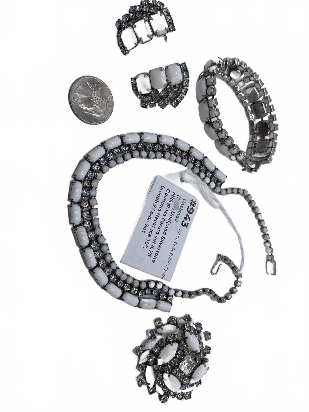 Silvertone Milk glass Parure 4-pc Set (necklace, bracelet, earrings, brooch)