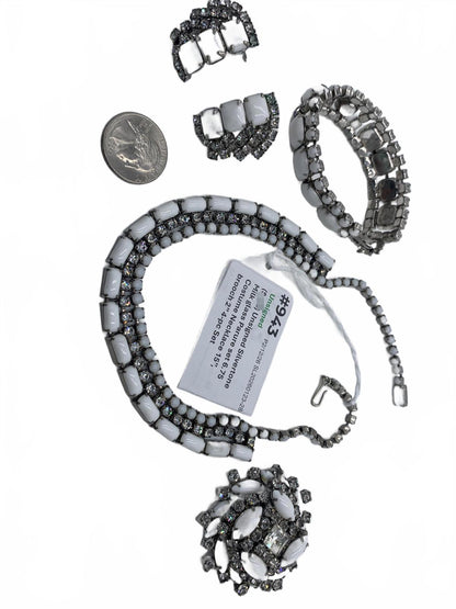 Silvertone Milk glass Parure 4-pc Set (necklace, bracelet, earrings, brooch)