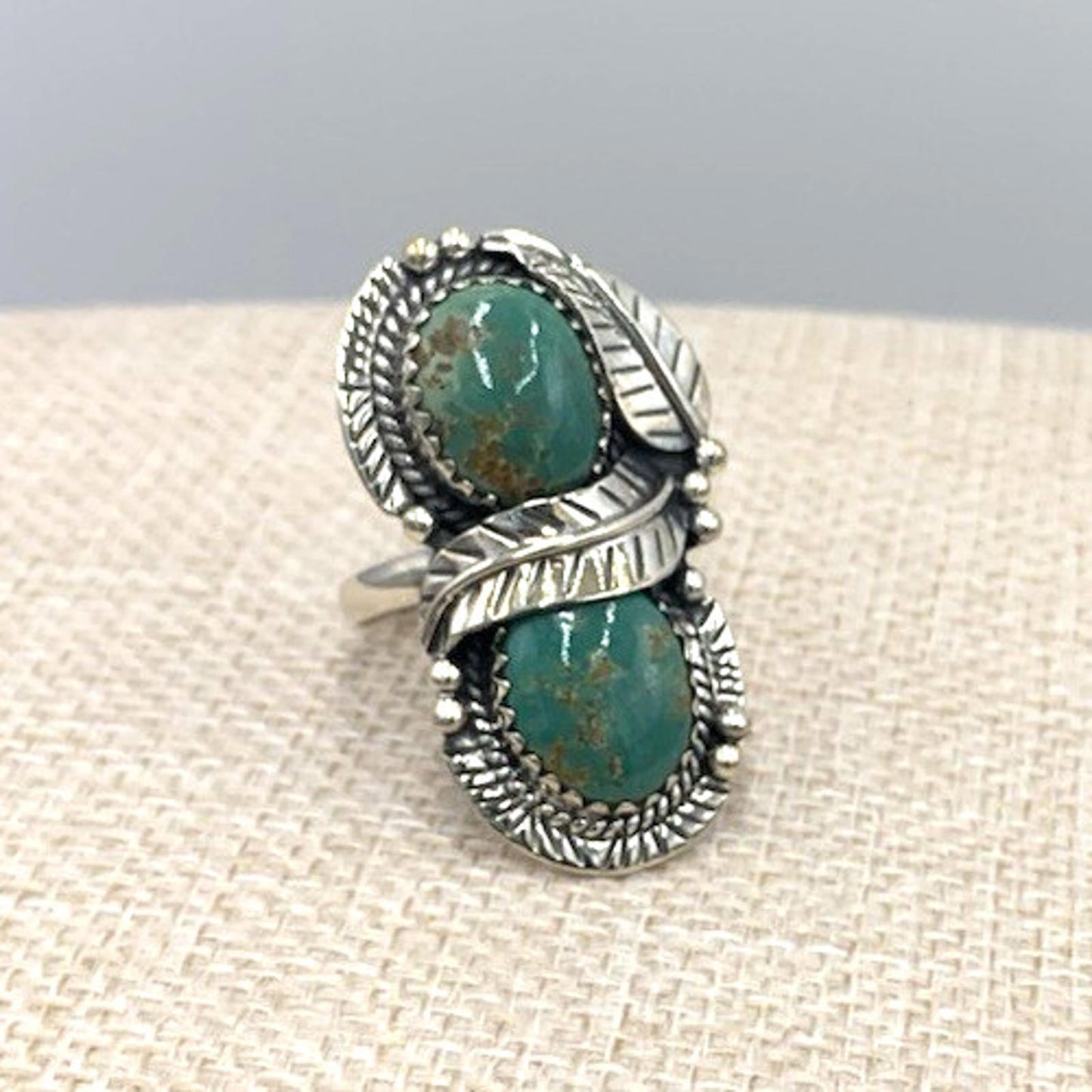 New Old Stock Vintage Sterling Silver Navajo Two Green Turquoise Stone Ring 10