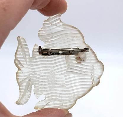 Vintage New Old Stock Clear Reversed Hand Carved Lucite Fish Brooch/Pin Red Eye
