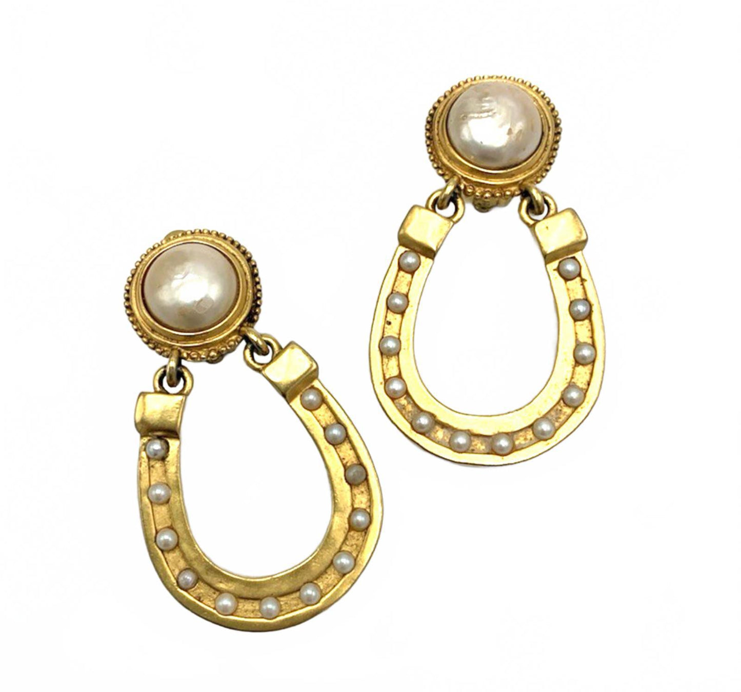 Vintage Karl Lagerfeld Gold Tone Faux Pearl Horseshoe Door Knockers Earrings