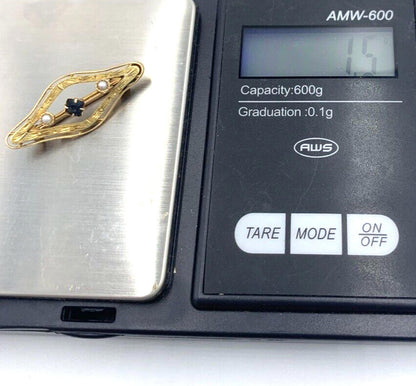 Victorian 10K Gold Seed Pearl Blue Stone Etched Bar Brooch