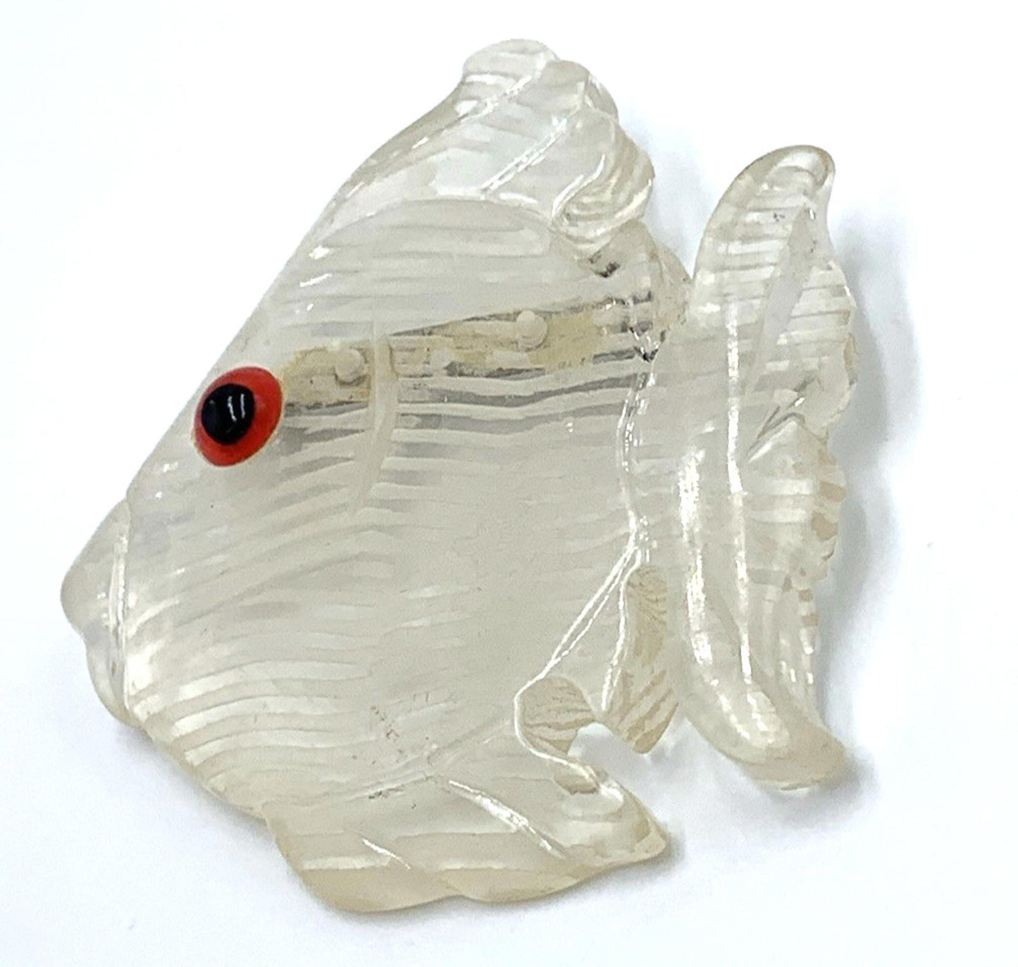 Vintage New Old Stock Clear Reversed Hand Carved Lucite Fish Brooch/Pin Red Eye