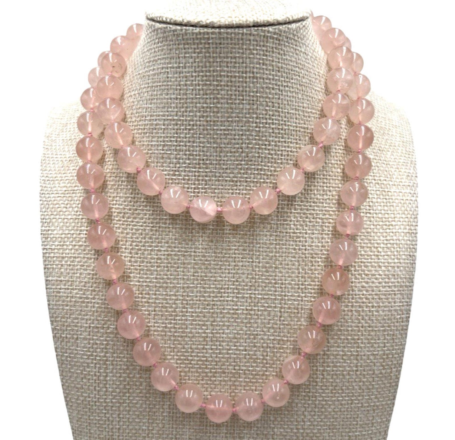 Vintage Chinese Export Rose Quartz Hand Knotted 10mm Beaded 30” Necklace