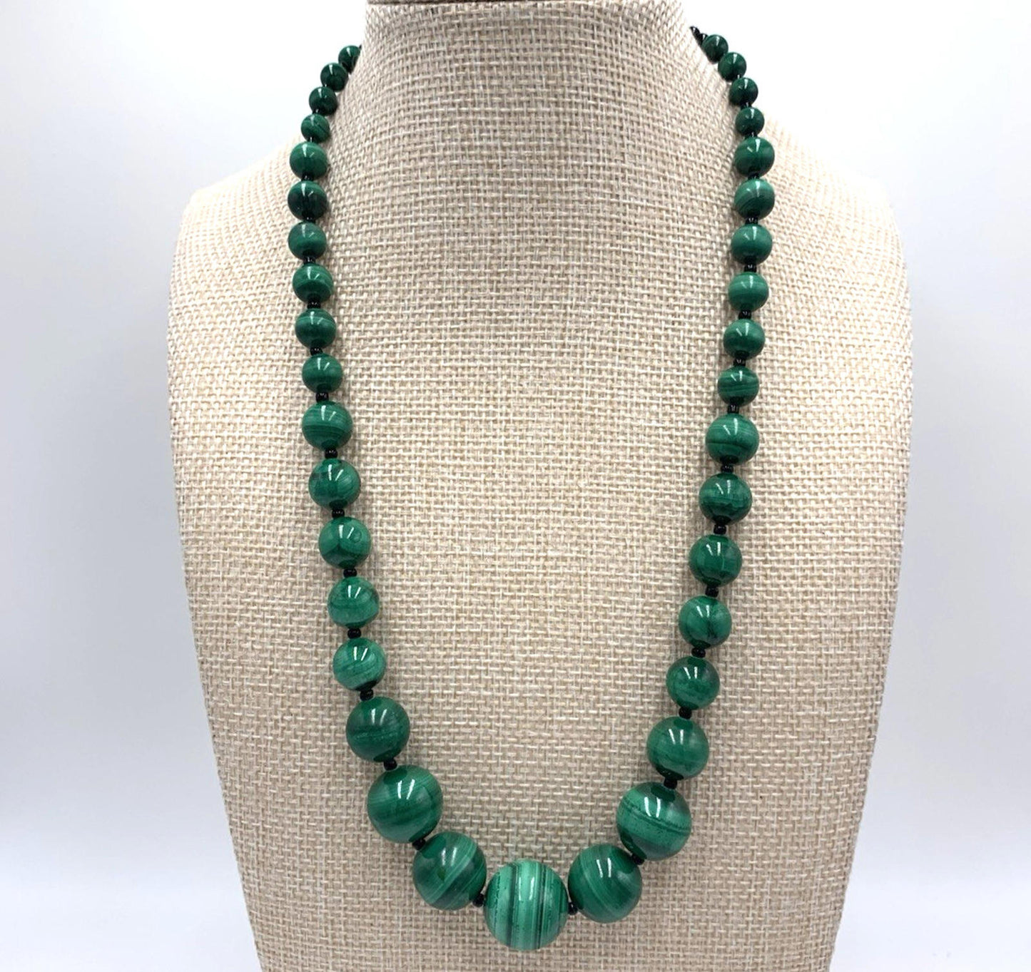 Vintage Genuine Malachite Necklace Graduated Beads Glass Spacer Sterling Clasp