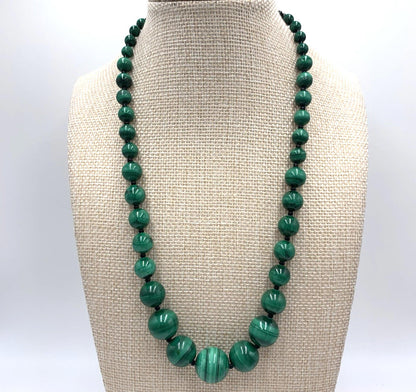 Vintage Genuine Malachite Necklace Graduated Beads Glass Spacer Sterling Clasp