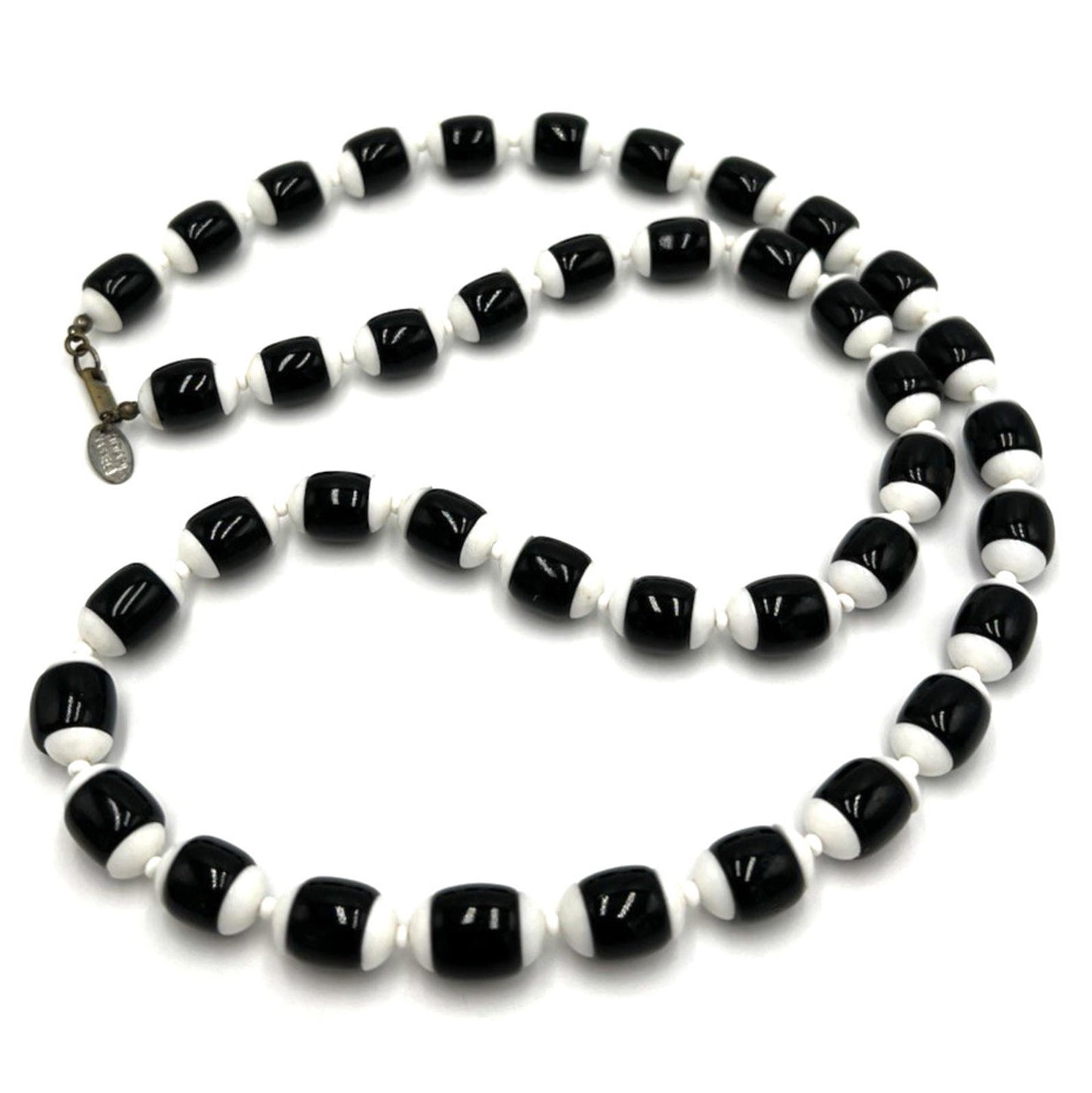 Vintage Miriam Haskell White Black Milk Glass Bead Necklace RARE 28"