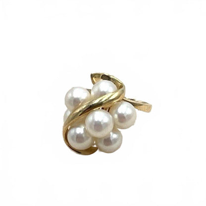 MCM Vintage Solid 14Kt Yellow Gold Genuine Akoya Pearl Large Cluster Ring Sz 5