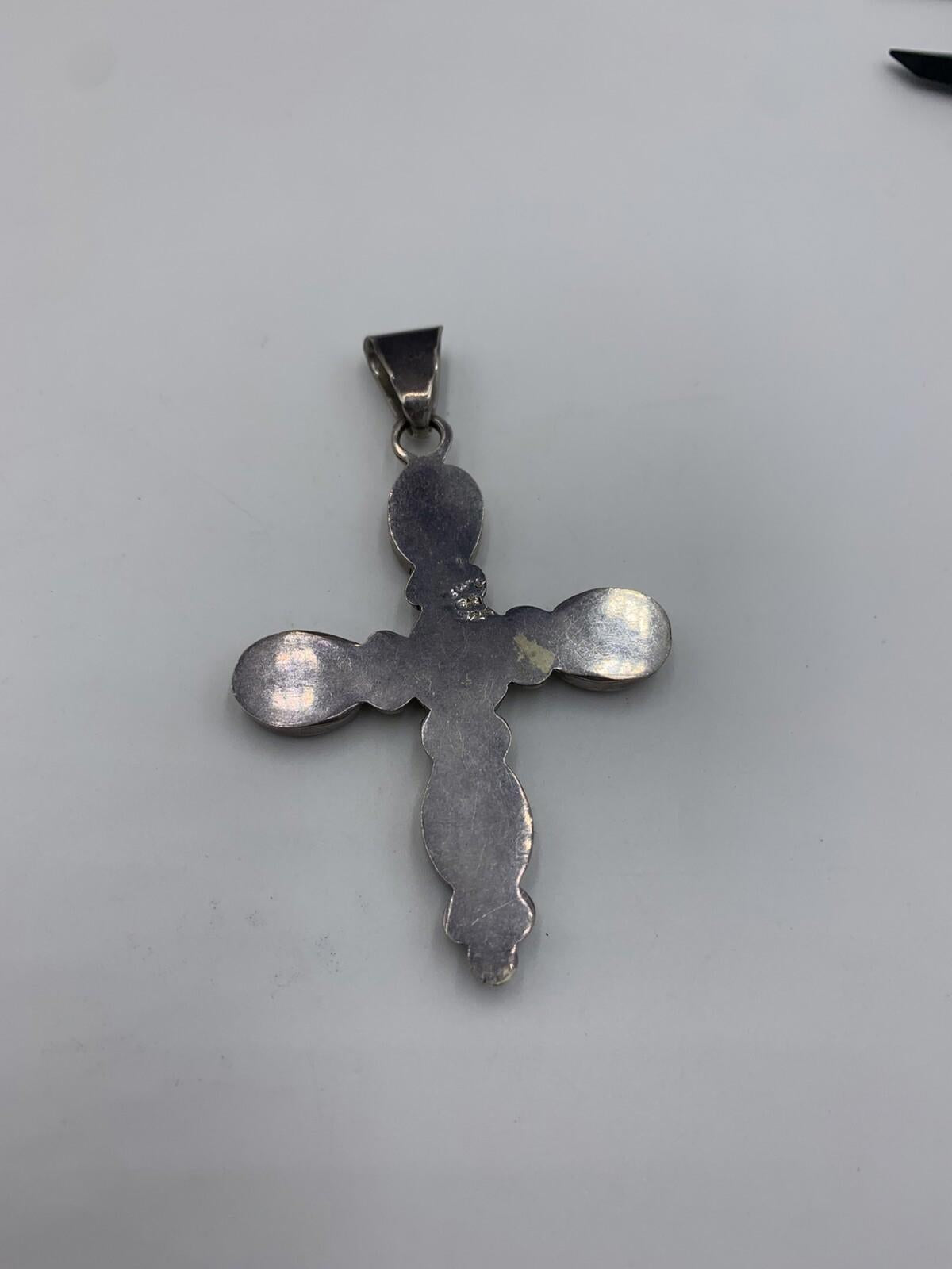 Vintage Taxco Mexico Large Cross Pendant Solid Sterling Silver Southwestern