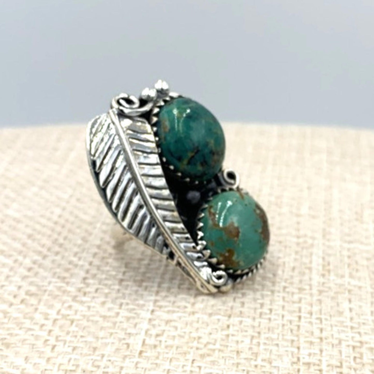 New Old Stock Native American Navajo Sterling Silver Double Green Turquoise Ring