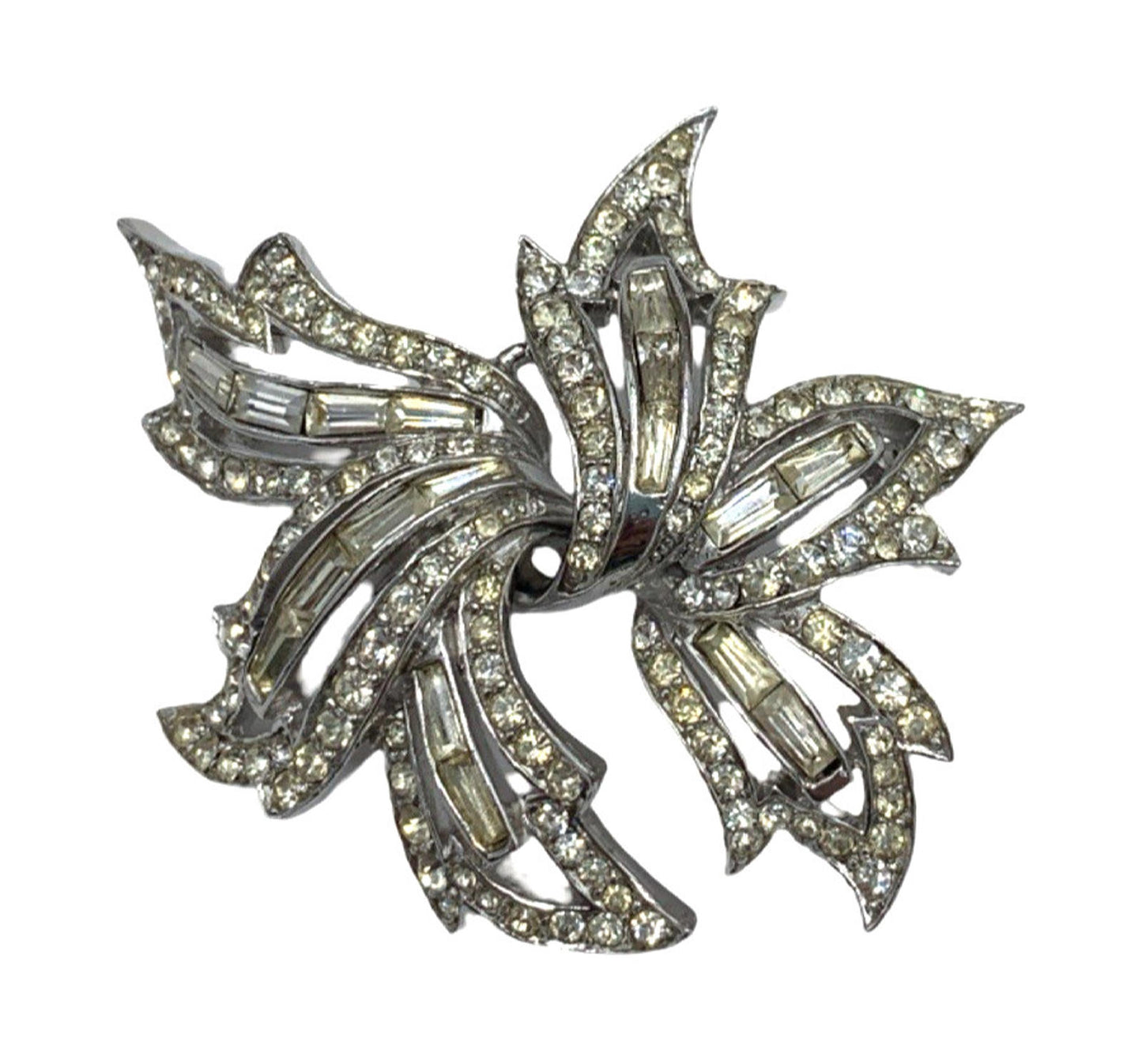 Marcel Boucher Rhodium Plated Clear Rhinestone Leaf Brooch