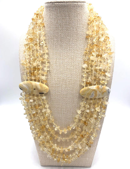 Multi Six Strand Citrine Large Agate Stone Sterling Silver Clasp Necklace 20.5"